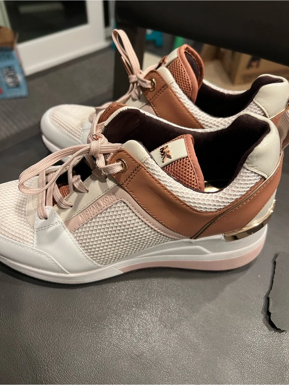 Michael Kors Women's White and Tan Mesh & Leather Sneakers